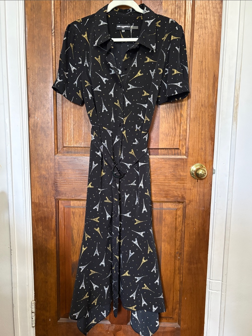 Karl Lagerfeld Black Midi Shirt Dress with White & Gold Eiffel Print